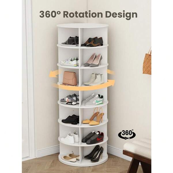7 Tier Rotating Shoe Rack Tower 360° Spinning 28 Shelves Display Lazy Susan Organizer Carousel For Hats & Handbags Storage Includes 4 PCS Double-Layer Shoe Racks For Living Room, White