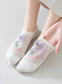 5 Pairs Of Women's Socks, Playful Floral Cute Candy Color Women's Short Socks Ankle Socks, Daily Casual Wear