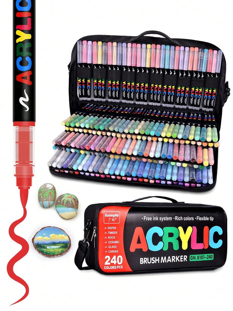 240 Colours Straight Liquid Acrylic Marker Bag Model, Bag Can Be Crossbody Or Handheld, Soft Brush Tip Markers For Rock, Wood, Fabric, Canvas, Glass, DIY Crafts, Vibrant Acrylic Paint Pens For Artists And Art Projects,For School Supplies,Back To School