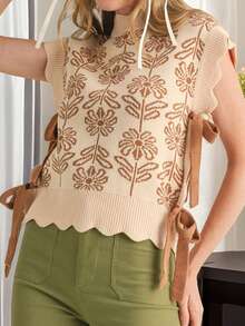 Chaleco de punto con flores para mujer, con ribete festoneado, cuello redondo, lazo lateral, suéter sin mangas, tops informales, ropa de calle - Caqui - Ver 2