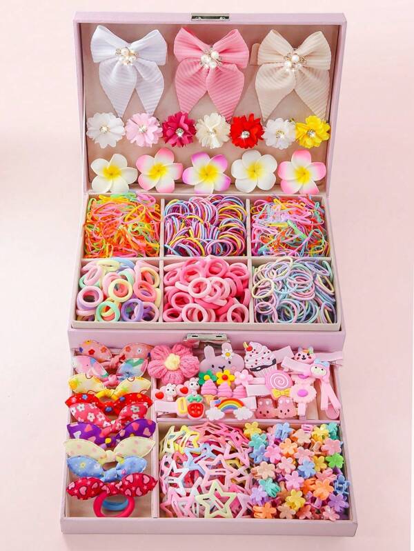 1071 pièces Ensemble cadeau d'accessoires pour cheveux comprenant des barrettes à fleurs, nœuds et élastiques ornés de strass colorés et de perles fausses. Parfait pour les filles et l'usage quotidien. Accessoires pour cheveux, pinces à cheveux