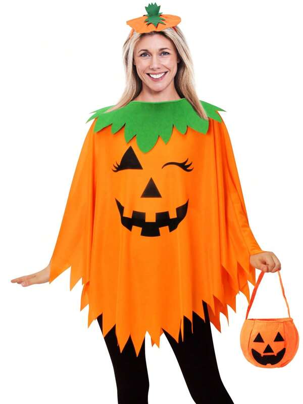Costume de citrouille pour adulte, 2 pièces/3 pièces Costume de citrouille d'Halloween pour femmes, Poncho de citrouille pour adultes avec serre-tête et sac, Costume d'Halloween pour femmes