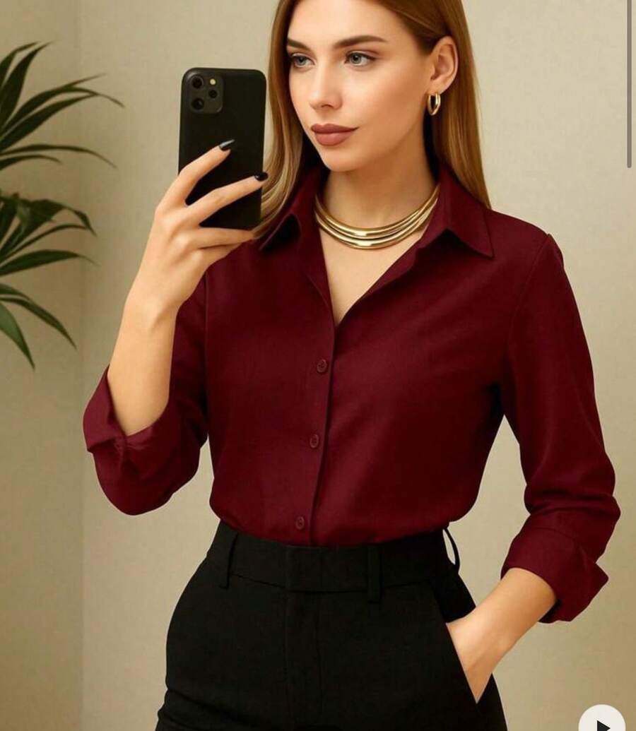 BELLA ELISA White Formal Shirt Excellent Quality / Factory Price New Release / Minimalist Style / Shirt With Front Button - 紅木色 - 查看 1