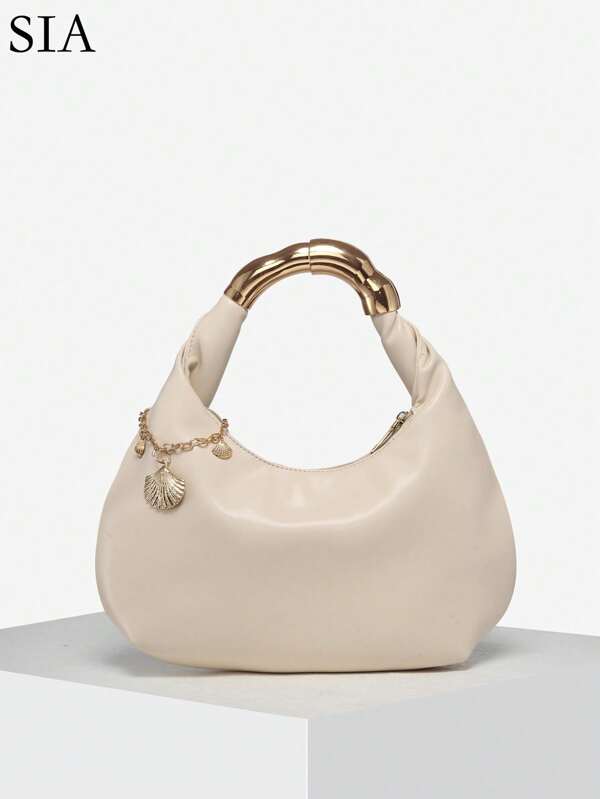 1pc Women Vintage Casual Soft Faux Leather Metal Handle Decor Crescent-Shaped Beach Tote Bag, Suitable For Outing, Dating, Commute, Vacation