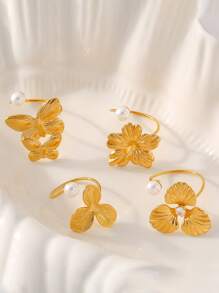 MiDuoDuo 1 pièce Bague fleur de perle de faux en acier inoxydable doré 18 carats, taille ajustable, bijou à la mode