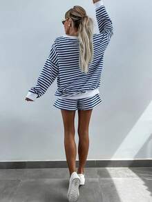 2 Pieces Set Spring Autumn Fashion Classic Stripes V-Neck Long Sleeves Loose Top Comfortable Shorts Casual Fashion Suit Home Clothes Set - 黑色 - 查看 4