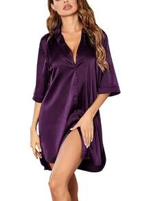 Women's Satin Nightshirt Button Down Sleepshirt Silk 3/4 Sleeve Nightgown Boyfriend Notch Collar Sleepwear S-3XL - 紫色 - 查看 2
