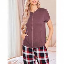 Local Delivery--Deyeek Mastectomy Shirts With Drain Pockets Post Shoulder Surgery Tops For Women Chemo Port Short Sleeve With Zippers - 深紅色 - 查看 6