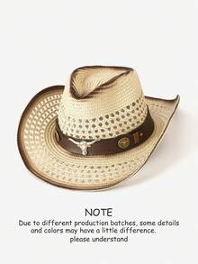 1pc Women Western Cowgirl Gradient Print Decor Faux Leather Band Sun Hat, Fashionable Unisex Spring/Summer Versatile Sun Protection Beach Hat