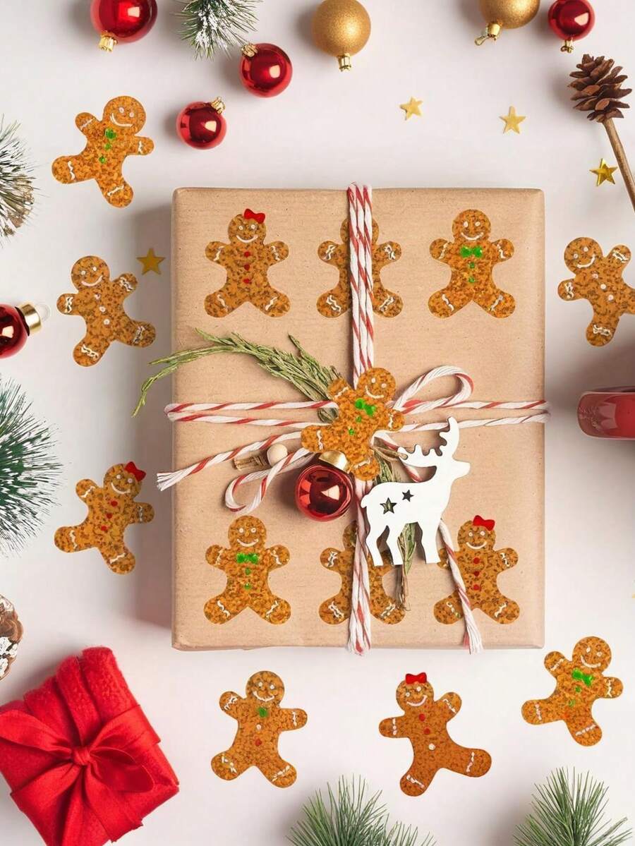 500 piezas de adhesivos de hombrecitos de jengibre navideños - Pegatinas de papel satinado autoadhesivas con detalles de glaseado, posturas y decoraciones surtidas para tarjetas navideñas, envoltorios de regalo, scrapbooking y decoración de fiestas - Adhesivo duradero, diseño festivo alegre, decoraciones de hombrecitos de jengibre para Navidad, artículos esenciales para envolver regalos, decoración temática navideña, calcomanías de fácil uso, adornos estacionales