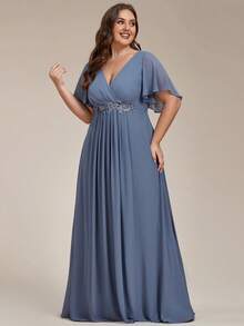 EVERPRETTY Elegant Chiffon V-Neck Ruffle Sleeve Floral Applique Blue Bridesmaid Dress, Suitable For Party, Wedding Guest Wear Spring - Dusty Blue - View 4