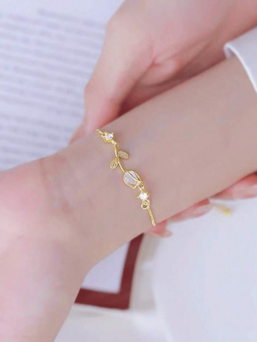 1 件不锈钢时尚小众设计高端郁金香猫眼宝石可调节手链,优雅女士花卉手链 - 金黃色 - 查看 1