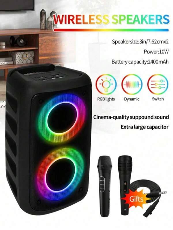 Máquina de karaoke con 2 micrófonos - 1 micrófono inalámbrico, 1 micrófono con cable, altavoz portátil para adultos, sistema de PA con luces LED para cantar, compatible con tarjeta TF/USB, entrada AUX, adecuado para uso en fiestas