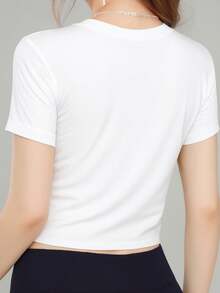 Women's Denim Star Crop Tee Shirt Top Exposed Navel T-Shirt , Women's New Summer Casual Crew Neck Pure Cotton Short-Sleeved T-Shirt(1 PC) - White - View 2