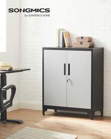 SONGMICS Aktenschrank, Mehrzweckschrank, Büroschrank mit 2 Türen, Schrank abschließbar, Aufbewahrungsschrank aus Stahl, für Arbeitszimmer, Wohnzimmer, silbern-Mattschwarz - Silbern-Mattschwarz - Übersicht 1