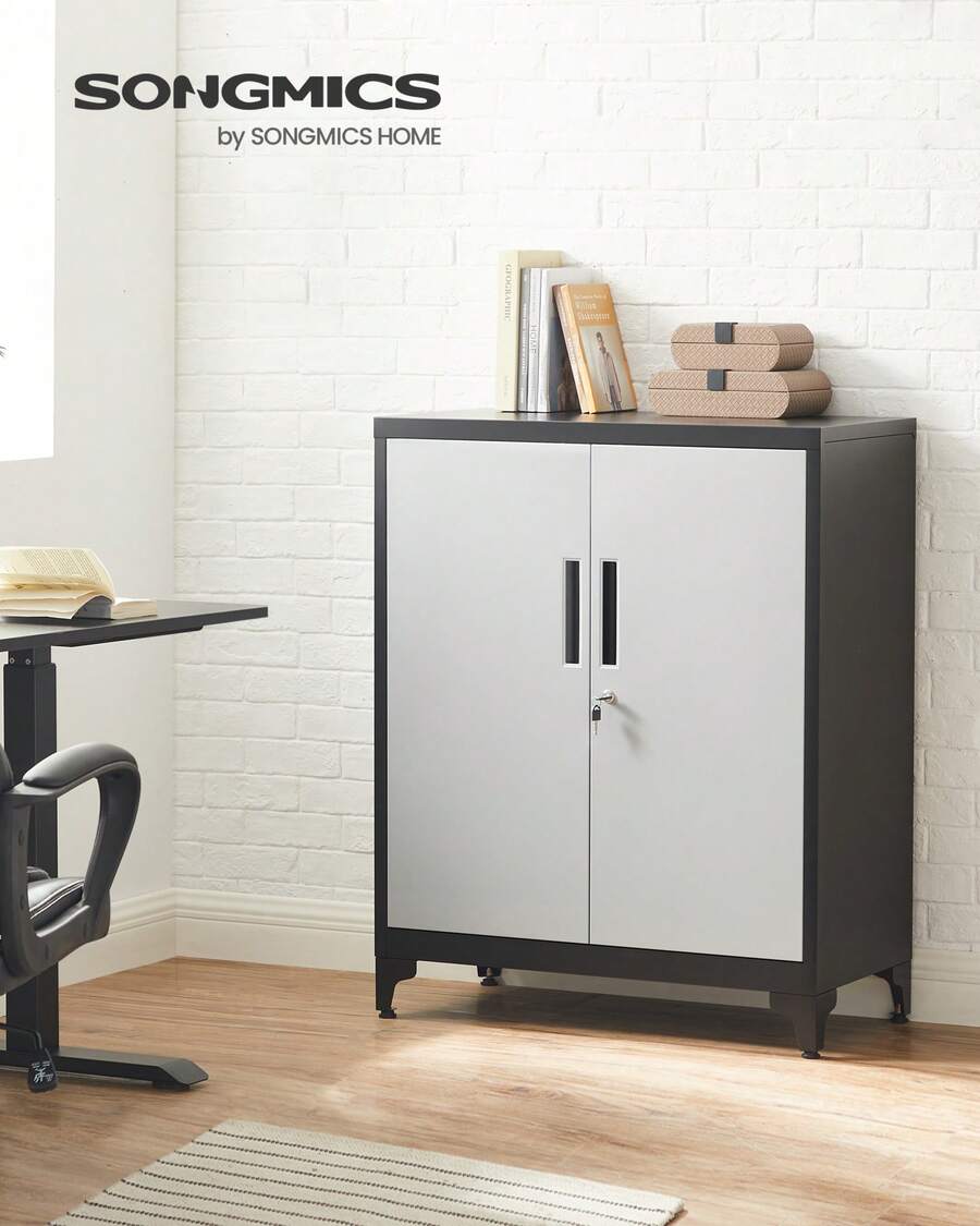 SONGMICS Aktenschrank, Mehrzweckschrank, Büroschrank mit 2 Türen, Schrank abschließbar, Aufbewahrungsschrank aus Stahl, für Arbeitszimmer, Wohnzimmer, silbern-Mattschwarz - Silbern-Mattschwarz - Übersicht 1