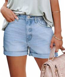 CHICZONE Womens Mid-High Rise Ripped Jean Shorts Distressed Stretchy Shorts - #54 淺藍色 - 查看 2