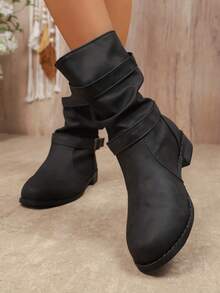 بوت منتصف الساق لموسم الخريف/الشتاء 2025، بوت مكعب ذات كعب قصير مستورد مع حزام وإبزيم، برؤوس مستديرة، للنساء، غير قابلة للانزلاق صنف عادي - الأسود - مشاهدة 5