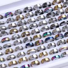 20pcs/pack Fashionable Stainless Steel Gold Silver Black Striped Ring, Suitable For Men's Daily Wear, Party, Gifts, Accessory