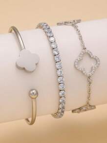 Pulsera de acero inoxidable con trébol de cuatro hojas de circonita en estilo retro personalizado, joyería de uso diario para mujeres