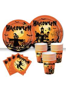 10 قطعة من لوازم حفلة هالوين، أطباق وأكواب ومناديل ورقية، أواني أكل قابلة للتخلص منها ، لديكورات هالوين بقوالب اليقطين البرتقالية والأشباح ، لأعياد الميلاد و حفلات هالوين