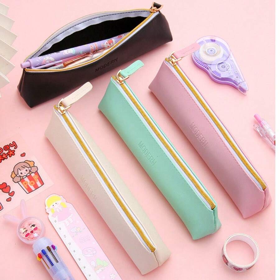 1/2 Hộp đựng bút chì bằng da PU, Hộp đựng bút chì màu trơn, Thiết kế thời trang, Chất liệu mềm mại, Phù hợp cho học sinh, Túi đựng cọ trang điểm, Hộp đựng văn phòng phẩm, Hộp đựng bút chì, Bốn màu để lựa chọn - Nhiều màu - Xem 1