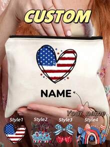 定制美国国旗心形化妆包，专属时尚收纳，专属你！共有4种款式可选（经典国旗心形、花朵蝴蝶结、樱花蝴蝶结、彩虹烟花），还可以自定义名称，打造专属你的个性化单品。