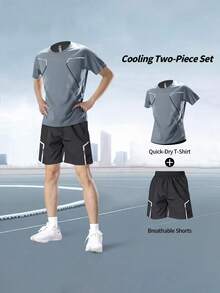 Men's Casual Sportswear Two Pieces Set, Printed Short Sleeved Round Neck T-Shirt And Striped Elastic Waist Pocket Shorts, Suitable For Running Training And Leisure Activities