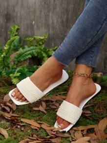 Plus Size Women's White Flat Faux Pearl Decorated Sandals With 5 Sizes Of Gradient Faux Pearl, Comfortable, Casual, Non-Slip, Size 35-43 Valentines