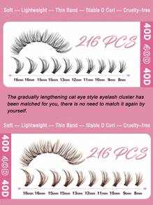 PALM LASHES 216Pcs Brown/Black Lash Clusters 40D Eyelash Extensions 8-16mm Cat Eye Wispy Eyelash Clusters D Curl Eyelash Clusters Left & Right Lash Extension At Home