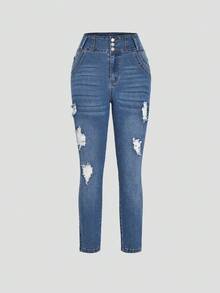 New Fashionable High Waist Button Fly Skinny Distressed Stretch Denim Jeans, Versatile And Stylish - Blue - View 2