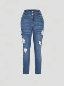 Nouveaux jeans skinny déchirés stretch pour femmes avec taille haute et boutonnière, polyvalents et