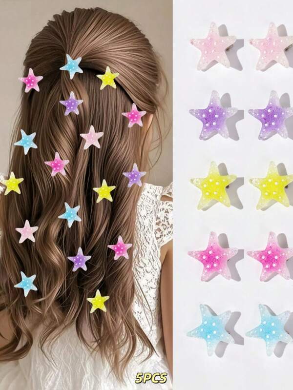 5pcs Girls' Sweet & Cute Versatile Gradient Glitter Ocean Starfish & Tree Resin Hair Clips