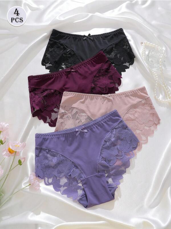 4pcs Solid Color Floral Lace Hollow Out High Waisted Sexy & Comfortable Ladies Panty Set