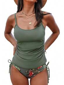 Women's Tankini Sets Two Piece Swimsuit Scoop Neck Ruched Adjustable Straps Drawstring Mid Rise