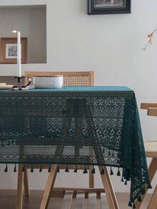 Bubaba 1pc Olive Green Geometric Lace Placemat, Vintage Boho Farmhouse Style Hollow Out Geometric Lace Nylon Decorative Tassel Table Cloth, Suitable For Bedroom, Kitchen, Dining Room, Party, Holiday Decoration, All Seasons - Dark Green - View 6