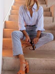 Corset Style Long Sleeve Casual Blouse For Women, Regular Fit With Shell Button Front