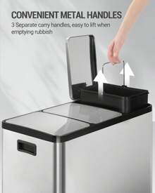 Hzuaneri Cubo de basura de cocina, sistema de separación de residuos 3 compartimentos 45L (3 x 15L), cubo de basura de cocina de acero inoxidable, cubo de basura con pedales de colores, cubo de basura silencioso de descenso lento, color plata