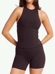 Conjunto de dos piezas de mujer Simple Flavor Y2K, de unicolor, para hacer yoga o ejercicio, con top sin mangas y shorts ajustados