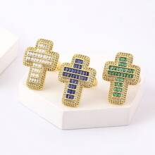 1 件可调节 18K 镀金铜锆石十字架戒指，独特简约设计，适合作为派对/送给爱人/朋友的礼物