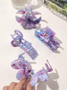 4个波西米亚甜美紫色渐变大理石纹蝴蝶花朵发爪夹，春夏沙滩时尚发饰，优雅发夹，秋冬度假装扮花朵发饰，女士发饰蝴蝶结 - 彩色 - 查看 5