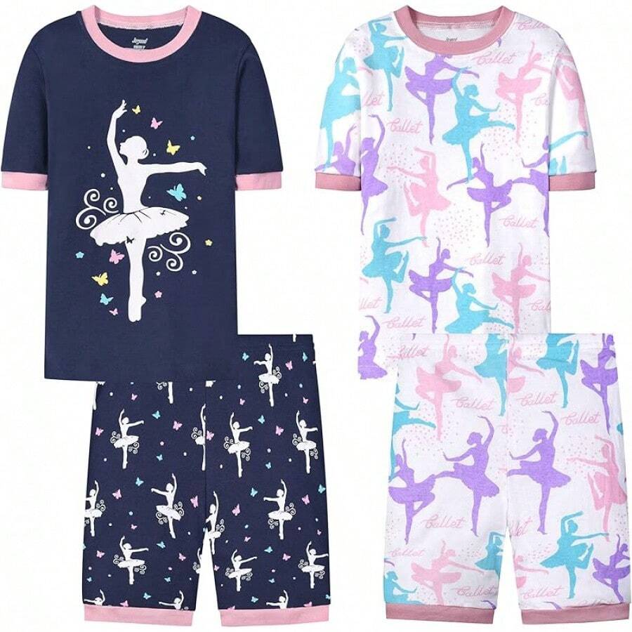 Girls Pure Cotton Summer Pjs Size 2T-14Years, Little Girls Short Sleeve 4-Piece Sleepwear Kids Toddler Pajamas Set - 漂亮的芭蕾舞女孩 - 查看 1
