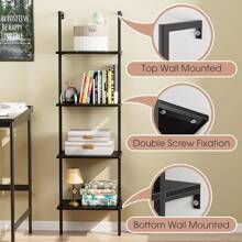 Ladder Shelf 4 Tiers Metal Industrial Bookshelf,Black Wooden Tall Open Storage Rack And Display Shelves,Wall Mount Wide Book Case For Home Office Bedroom,Small