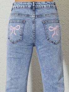 8-12 Years Old Fashionable Y2K Style Elastic Slim Fit Printed Bow Denim Horn Pants