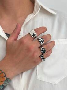 4pcs/Set Punk Metal Alloy Oil Drop Five-Pointed Star Openwork Rings Set For Men