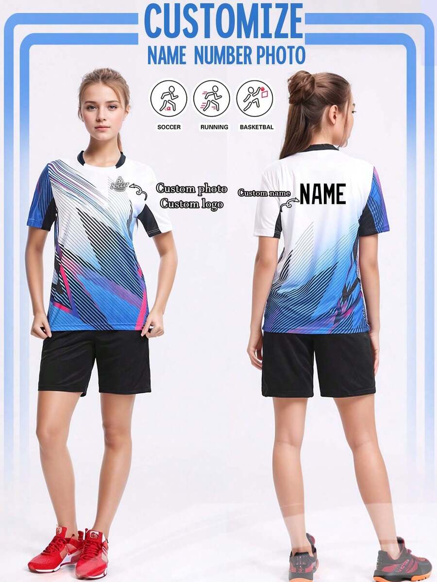 1 Áo thun thể thao nữ tùy chỉnh, Áo thun thể dục, Áo thun cầu lông, Áo thun bóng rổ, Đồ thể thao năng động tùy chỉnh - Xanh và trắng - Xem 1