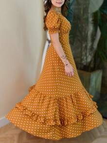 UREREM Women's Elegant Romantic Polka Dot V-Neck Midi Dress With Ruffle Sleeves, 180g Woven Fabric - Yellow - View 1