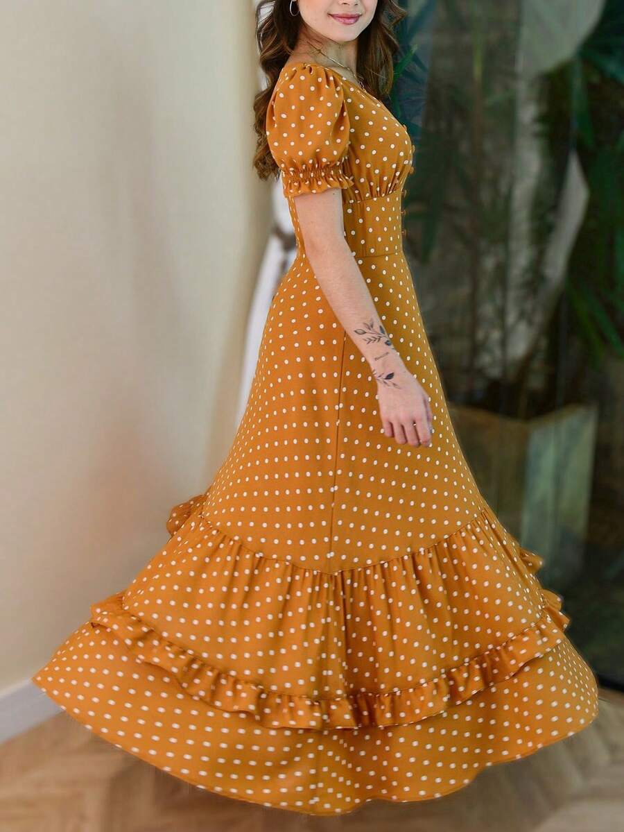 UREREM Women's Elegant Romantic Polka Dot V-Neck Midi Dress With Ruffle Sleeves, 180g Woven Fabric - Yellow - View 1