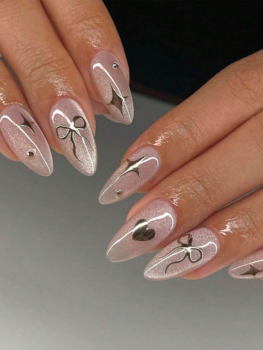 24 piezas de uñas postizas de almendra con brillo, diseños de lazo y estrella plateada, suministros para uñas