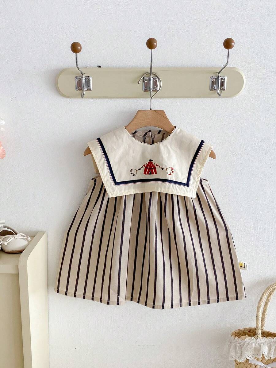 女童海军蓝领条纹连衣裙，韩版婴儿和幼儿夏季服装